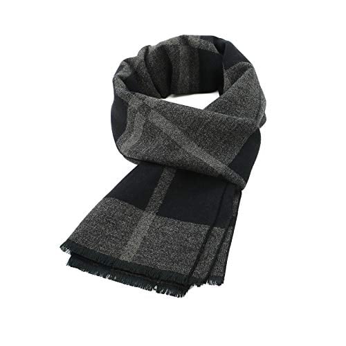 American Trends Mens Winter Warm Cashmere Scarf Plaid Tassel Scarf for Men Soft Long Cotton Scarves Black Grey Square