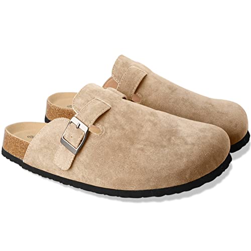 Boston Clogs Dupes Suede Soft Leather Clogs Classic Cork Clog Antislip Sole Slippers Waterproof Mules House Sandals with Arch Support and Adjustable Buckle for Women Unisex