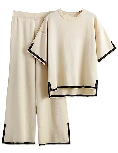 Gihuo Women's Sweater Sets 2 Piece Outfits Knit Lounge Sets Short Sleeve Pullover Tops Wide Leg Pants(Apricot-M)