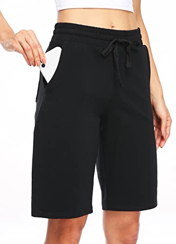 Willit Women's Shorts 10" Bermuda Cotton Long Shorts Yoga Exercise Knee Length Shorts Workout Athletic with Pockets Black XL