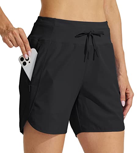 Willit Women's 5" Athletic Running Shorts Quick Dry Workout Hiking Shorts High Waisted Active Shorts Zipper Pocket Black L