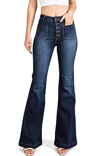 Cello Jeans Women's Juniors High Rise Denim Bell Bottom Flares (Dark Denim Wash, 9)