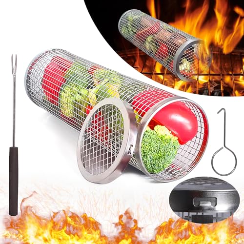 Rolling Grilling Basket for Outdoor Grill Bbq Net Tube Stainles Steel Large Round Mesh Rotation Barbecue Cylinder Cage Cooking Accessories for Veggie, Fish, Meat, Camping for Enthusiasts, Gift For Men