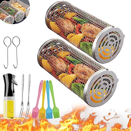 Wrakus Rolling Grilling Baskets for Outdoor - Grill Grate Charcoal Round BBQ Stainless Steel Basket Campfire Grid Camping Picnic Cookware 1 (2PCS 300 * 90 90mm)