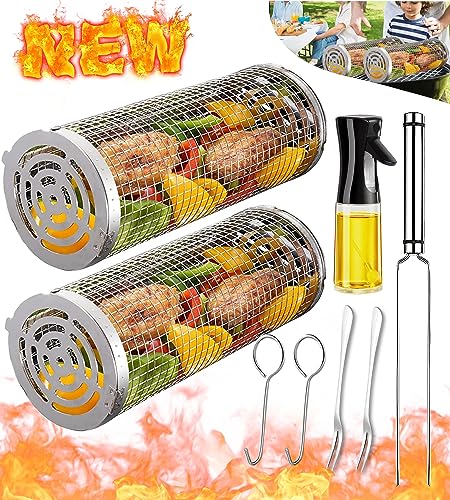 Rolling Grilling Baskets for Outdoor Grill Bbq Net Tube Stainless Steel Large Round Mesh Rotation Barbecue Cylinder Cage Cooking Accessories for Veggies Vegetable Fish Meat Food Camping, Gift for Men