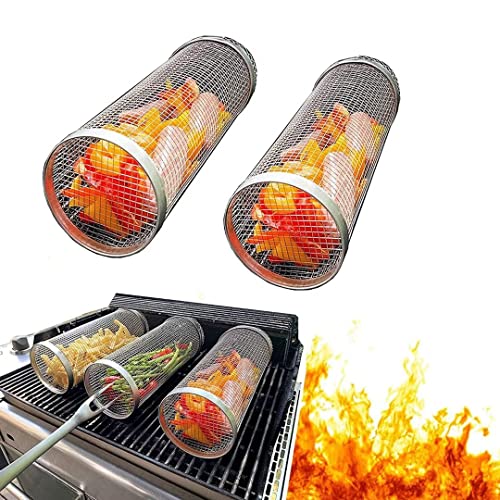 Grill Basket 2PCS Rolling Grilling Baskets For Outdoor Grilling,BBQ Net Tube Stainless Steel, Greatest Grilling Basket Ever Round Grill Basket Portable Grill Outdoor Camping Barbecue for Vegetables,Fries,Fish(7.9"x3.5"x3.5")