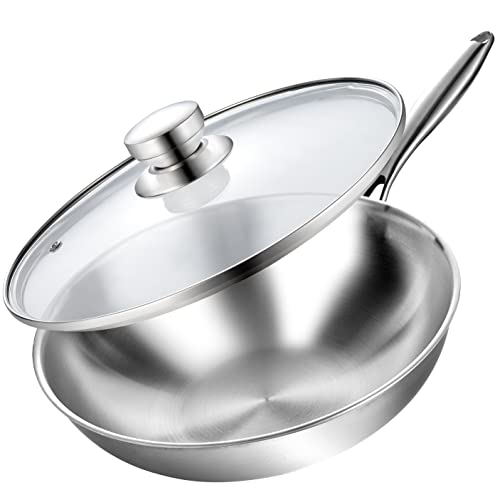 LOLYKITCH Tri-Ply 13 Inch Stainless Steel Wok Pan with Lid, Stir-Frying Pan,Induction Wok,Dishwasher and Oven Safe.(Removable handle)