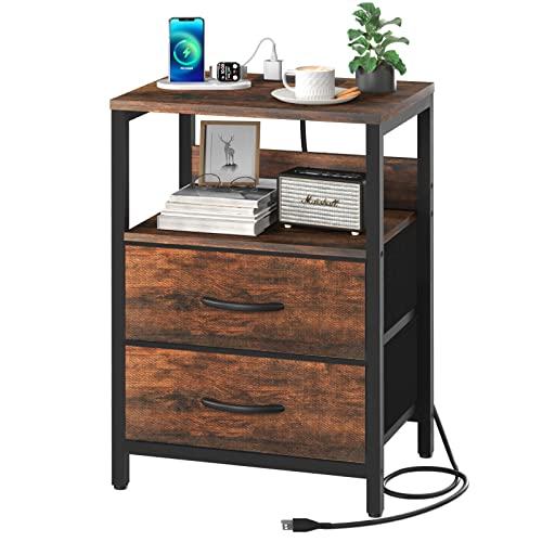 Yoobure Nightstand with Charging Station, Small Night Stand with Fabric Drawers and Storage Shelf for Bedrooms, Small Spaces, Bedside Table with USB Ports & Outlets