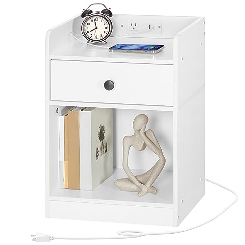 HOOBRO Nightstand with Charging Station, Wooden End Table with Drawer and Opening Shelf, Side Table with USB Ports and Outlets, Bedside Table for Bedroom, Night Stand Simple Style, White WT18UBZ01