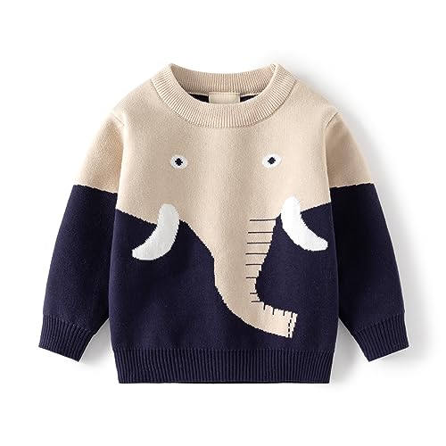 HUAER& Baby Boys Girls Knit Sweater Round Neck Long Sleeve Unisex Cotton Cartoon Animal Pullover Sweatshirt(18-24Months Apricot & Elephant)