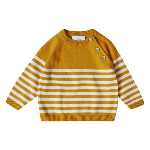 Stellou & friends 100% Cotton Knit Striped Baby Toddler Boys Girls Long Sleeve Sweater with Shoulder Button Closure (Yellow with White Stripes, 3-4 Years)