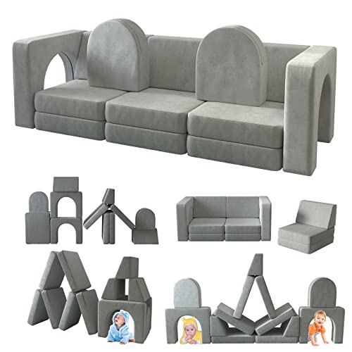 wanan Kids Couch 12PCS, Toddler Couch with Modular Kids Couch for Playroom Bedroom, 12 in 1 Multifunctional Toddler Couch for Playing, Creativing, Sleeping, Indoor Kids Sofa (Grey)