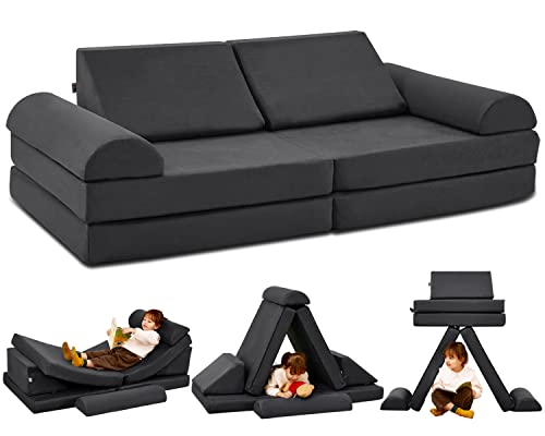 jela Kids Couch Large, Floor Sofa Modular Funiture for Kids Adults, Playhouse Play Set for Toddlers Babies, Modular Foam Play Couch Indoor Outdoor (57"x28"x18", Charcoal)