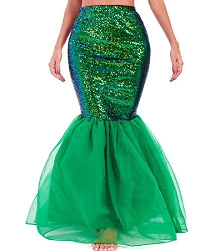 Funna Mermaid Costume for Women Sequin Tail Maxi Skirt Halloween Party Green, Medium