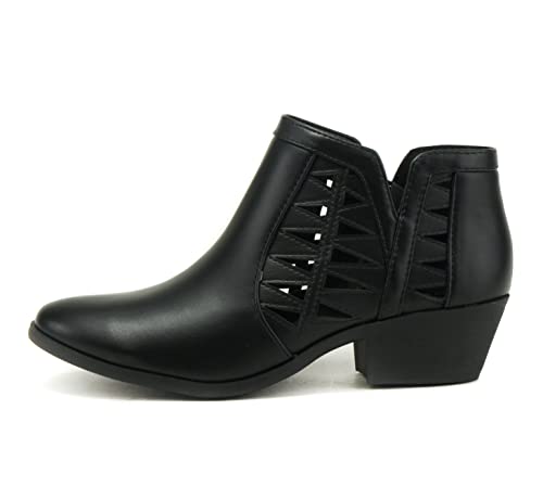 Soda CHANCE Womens Perforated Cut Out Stacked Block Heel Ankle Booties (7.5, Black PU, numeric_7_point_5)