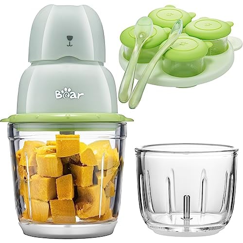 Bear Baby Food Maker, Baby Food Processor Set for Fruit, Vegetable, Meat, Baby Food Puree Blender with 2 Glass Bowls, Baby Food Containers, Baby Spoons, (Light Green)