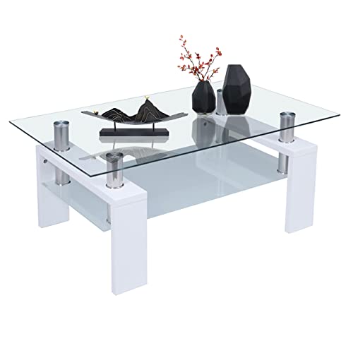 Coffee Table, Axonl Coffee Table for Living Room Rectangle Modern Coffee Table Glass Center Table for Living Room, 2-Tier Living Room Table Coffee Table with Storage for Office Home, White