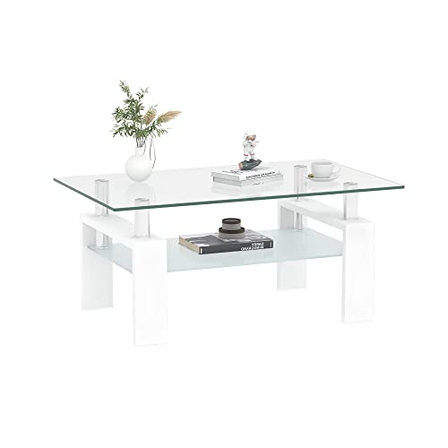 Tansole Rectangle Tempered Glass Coffee Table, Metal Leg Glass Coffee Tables for Living Room, White Coffee Table for Home Office or Conversation Leisure Occasions, Rectangle Glass Cocktail Table
