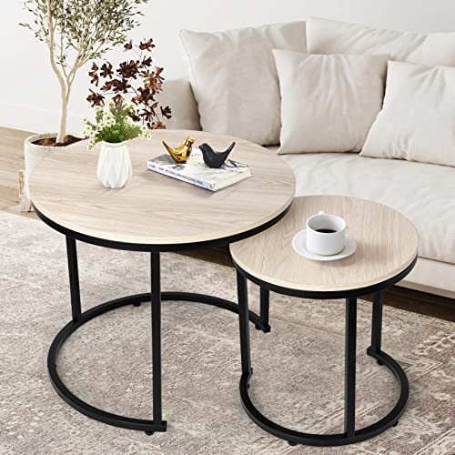 VOWNER Coffee Tables for Living Room - Small Round Coffee Table Set of 2, Center Table with Solid Wood Grain Table Top and Sturdy Metal Frame, Nesting Tables for Small Spaces, Natural