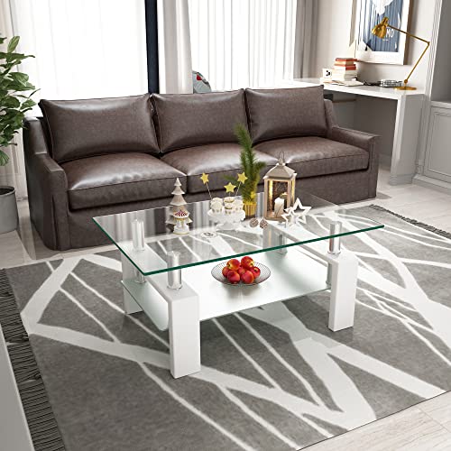 Glass Coffee Table for Living Room, Modern Coffee Table with Black Tempered Glass Top White