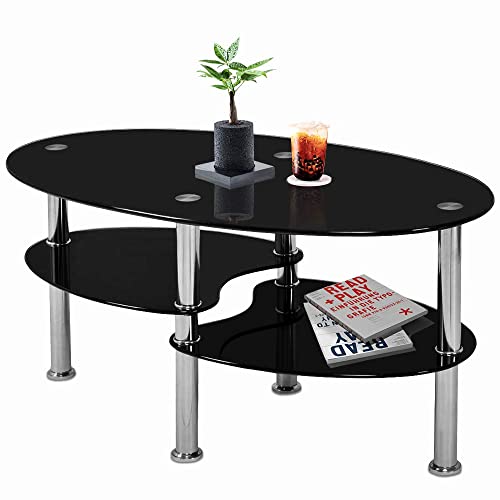Nidouillet 3 Tier Tempered Glass Table with Glass Shelves and Stainless Steel Legs, Oval-Shaped Coffee Table Living Room Home Furniture 35.4"x19.7"x17.7(LxWxH)- Black AB026