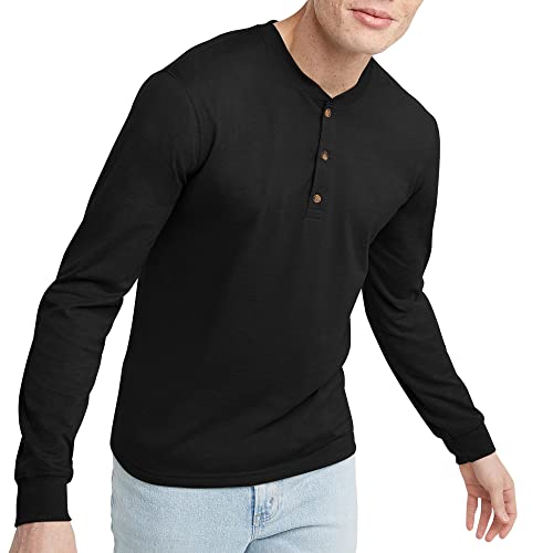 Hanes Originals T-Shirt, Long Sleeve Cotton Henley Tees for Men, Black, Large