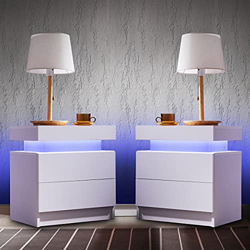 i-aplus Nightstand Set of 2 LED Nightstand with 2 Drawers, Bedside Table with Drawers for Bedroom Furniture, Side Bed Table with LED Light, White