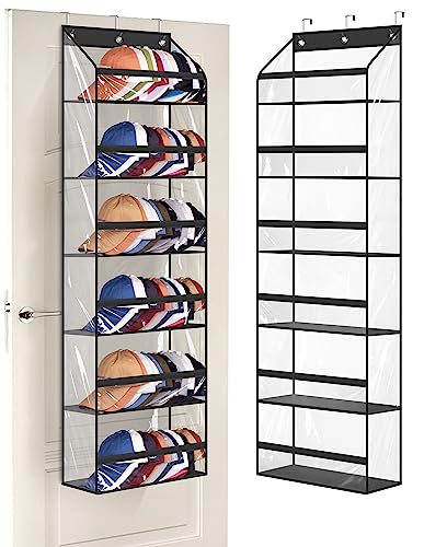 AOODA Clear Over the Door Hat Racks for Baseball Caps, Large Holds up to 72 Caps Hat Storage Organizer for Closet Wall, Deep Pockets Hanging Hat Holder with 3 Hooks, Black