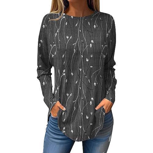 Graphic Tees For Women Crew Neck Long Sleeve Blouses For Women Casual Fall Tunic Tops Plus Size Tops For Women Dressy Winter Western Ethnic Graphic Aesthetic Trendy Pullover Sweatshirts Gray 2X