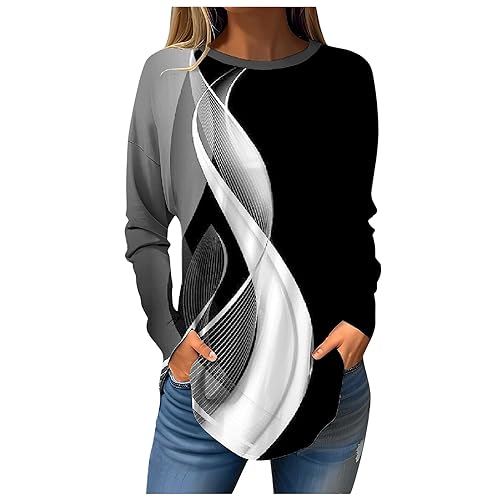 Long Sleeve Blouses for Women Tie Dye Gradient Tunic Tops Womens Tops Long Sleeve Dressy Casual Crewneck T-Shirts for Women Winter Petite Plus Size Fall Clothes White L