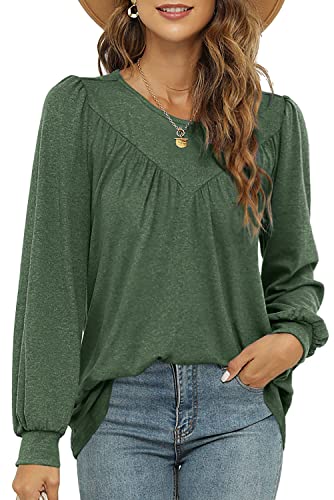 FAVALIVE Business Casual Tops for Women Long Sleeve Smocked Tshirts Shirts Dark Green XL