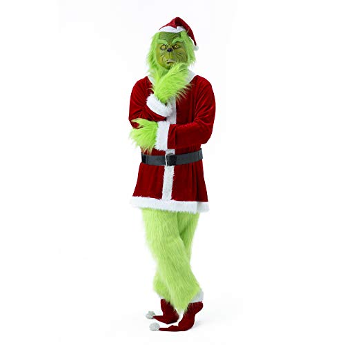 Afoxsos Christmas Green Monster Costume - 7PCS Adult Santa Suit Set Santa Claus Outfit (Including Mask) - Large