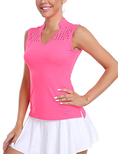 Polo Shirts for Women, Ladies Golf Shirt Womens Athletic Apparel Sport Workout Top Sleeveless Quick Dry Tennis Tank Tops Running Pickleball Clothes for Walking Pink Large