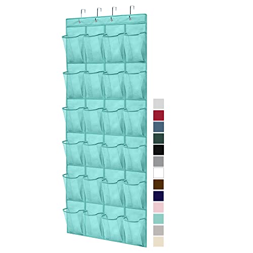 Gorilla Grip Slip Resistant Breathable Space Saving Mesh Large 24 Pocket Shoe Organizer, Up to 40 Pounds, Over the Door, Sturdy Closet Storage Rack Hangs on Closets for Shoes, Sneakers, Turquoise