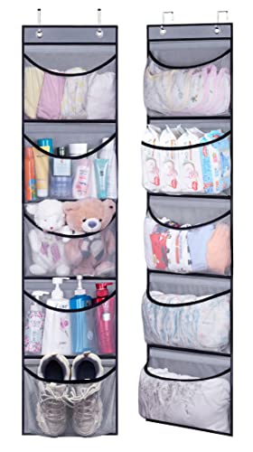 KEETDY Hanging Shelves Over the Door Organizer Storage for Closet with 5 Pockets Organizer for Bedroom Bathroom, 2 PackGrey