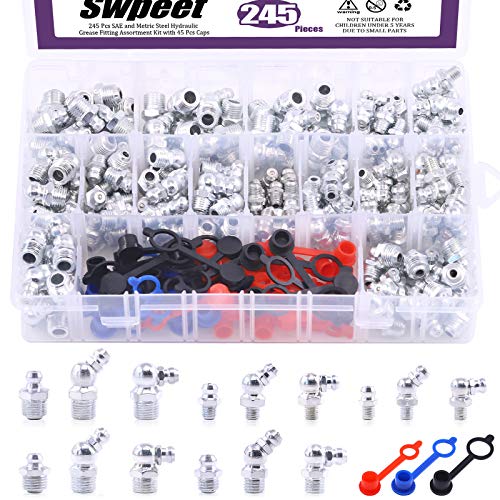 Swpeet 246Pcs SAE & Metric Grease Nipple Assortment Kit, Hydraulic Grease Fittings Standard with Plastic Grease Fitting Cap  1/4", 1/8" M6 M8 M10 Straight, 90 Degree, 45 Degree Angled Grease Zerks