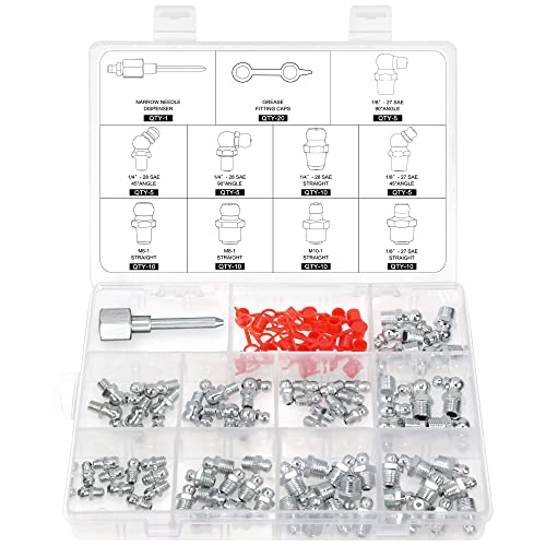 AutoWanderer Tool Grease Fittings Kit 70pc SAE & Metric Grease Zerk Assortment, Grease Needle Nozzle 1/4" 1/8" M6 M8 M10 Straight 45 90 Degree Zerk Fittings with 20pc Fitting Caps