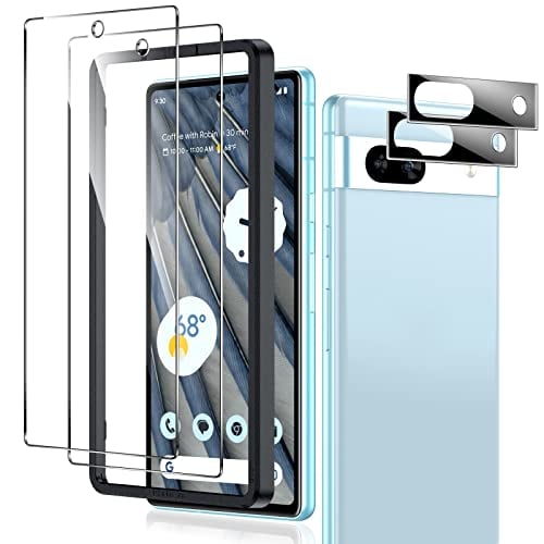 LK 2 Pack for Google Pixel 7a Screen Protector with 2 Pack Camera Lens Protector, HD Ultra-thin, 9H Hardness Tempered Glass Screen Protector for Pixel 7a [Fingerprint Compatible] Case Friendly
