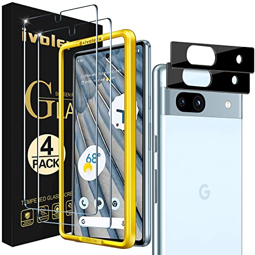 ivoler Screen Protector for Google Pixel 7a Tempered Glass Film [2 Pack] with [2 Pack] Camera Lens Protector Tempered Glass with [Alignment Frame] Transparent HD Clear Anti-Scratch, 6.1 inch