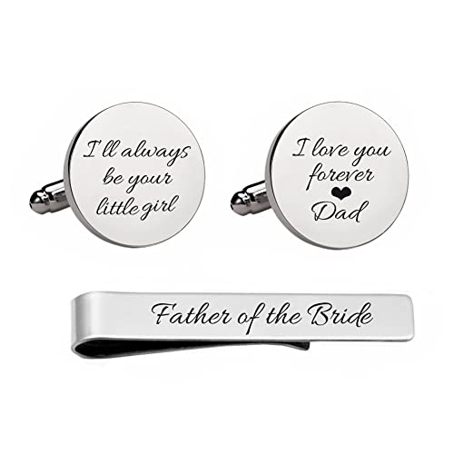 Kooer I'll Always Be Your Little Girl CuffLinks Tie Clip Set, Men's Cufflinks Jewelry Gifts for Father of The Bride (Square cufflinks tie clip set)