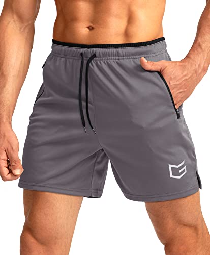 G Gradual Men's Running Shorts with Zipper Pockets Quick Dry Gym Athletic Workout 5" Shorts for Men (Grey, Large)
