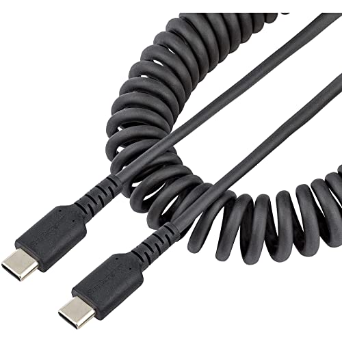 StarTech.com 3ft (1m) USB C Charging Cable, Coiled Heavy Duty Fast Charge & Sync USB-C Cable, USB 2.0 Type-C Cable, Rugged Aramid Fiber, Durable Male to Male USB Cable, Black (R2CCC-1M-USB-CABLE)