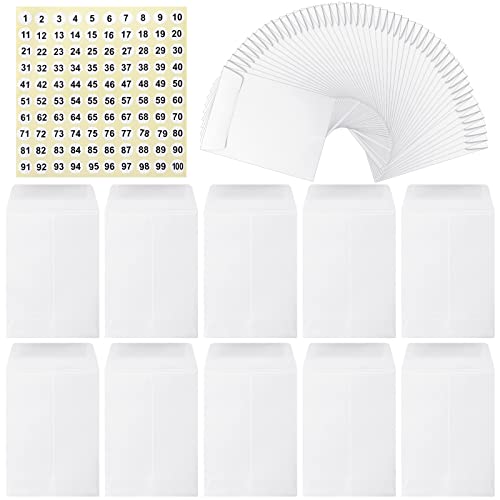 100 Envelopes Money Saving Challenge Small Colored Cash Envelopes with 1 to 100 Number Stickers Labels Envelope Saving Challenge Kit Envelopes for Money Coin Budgeting Check Tickets (White)