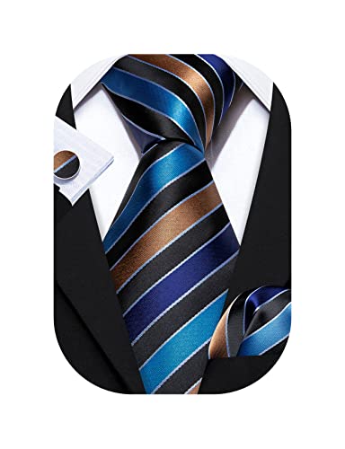 Barry.Wang Fashion Men Ties Set Stripe Silk Woven Necktie Pocket Square Cufflinks Wedding Party