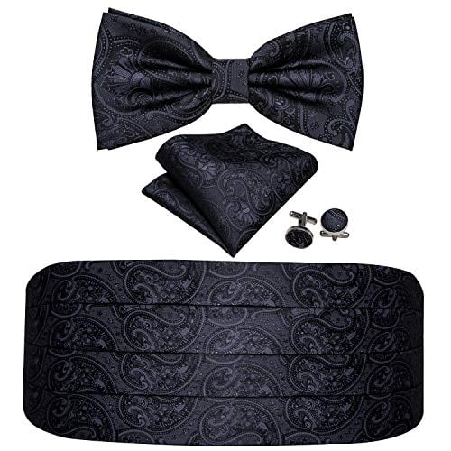 YOHOWA Cummerbund Bow Tie Set for Men, Silk Cummerbund Pretied Bow Tie Pocket Square Cufflinks (Black Paisley Set)