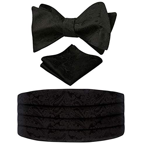 Alizeal Mens Classic Paisley Self-tied Adjustable Bow Tie, Cummerbund and Pocket Square, Black