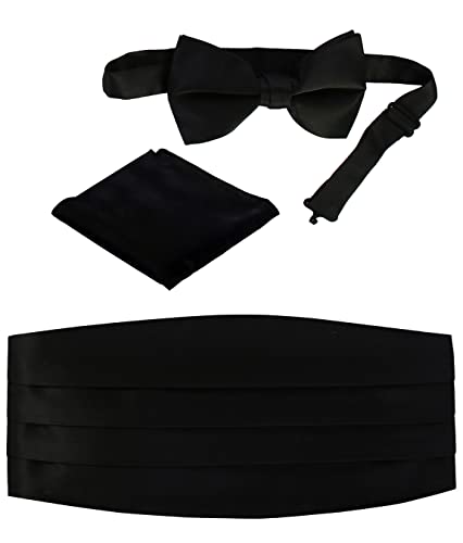 Gioberti Men's Adjustable Satin Cummerbund Set With Formal Bow Tie and Pocket Square, Black