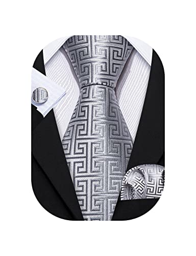 Barry.Wang Mens Ties Silk Tie Pocket Square Cufflinks Set Woven Designer Bright Silver