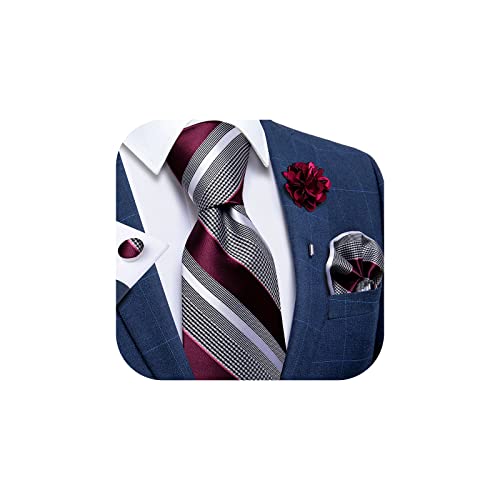 DiBanGu Silk Burgundy Grey Striped Necktie and Lapel Pin Brooch Set Mens Formal Tie Pocket Square Cufflinks