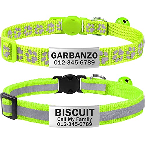 TagME 2 Pack Cat Collar with Name Tag, Personalized Reflective Cat Collar Breakaway with Bell for Boy & Girl Cats, Green